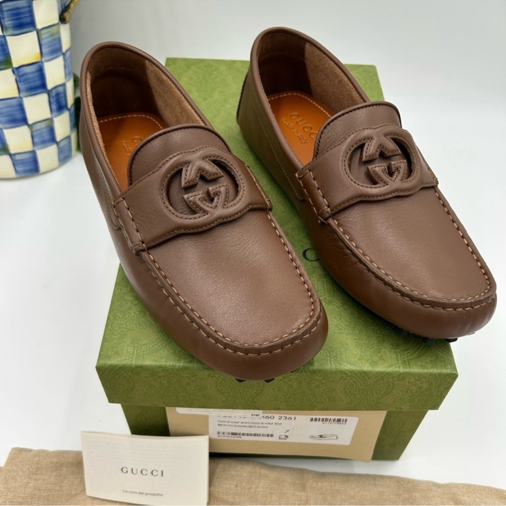 Men’s Gucci interlocking G leather driver loafers size 7 fits eight US
